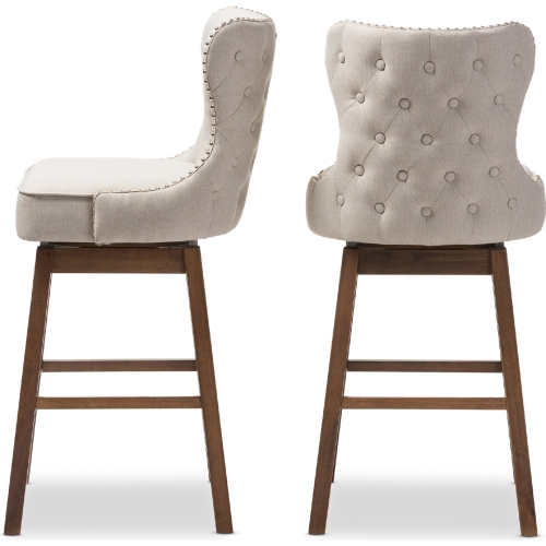 Gradisca Swivel Bar Stool in Tufted Beige Fabric & Wood (Set of 2)